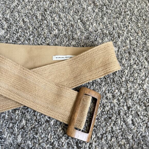 Banana Republic Belt Linen Natural Boho Wood Buckle Wide Waist Tan Size S NEW main image 4